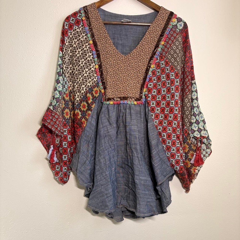Ivy Jane Women's M/L Tunic Top Blouse Boho Chic Mixed Media Flowy Lagenlook